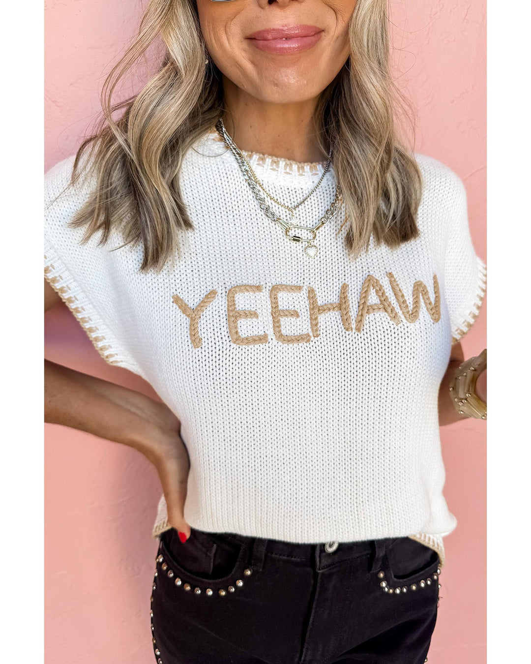 White Knitted YEEHAW Stitch Edge Crew Neck Sweater T Shirt - L