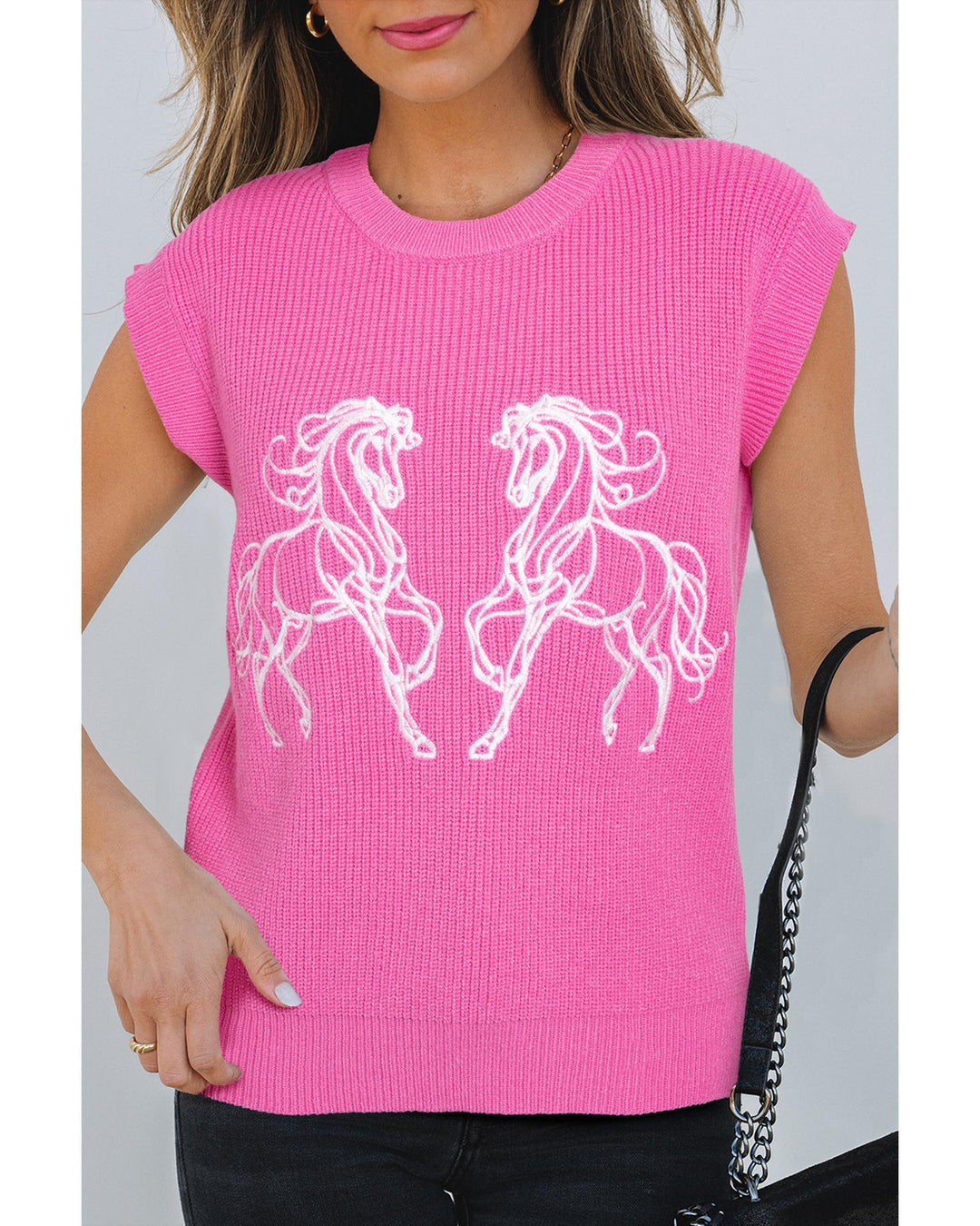 Sachet Pink Western Horse Embroidered Round Neck Sweater Tee - XL