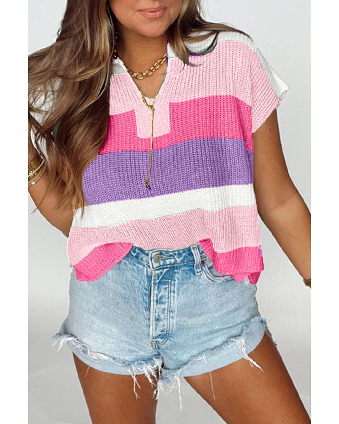 Pink Color Block Notch V Neck Sweater T Shirt - L