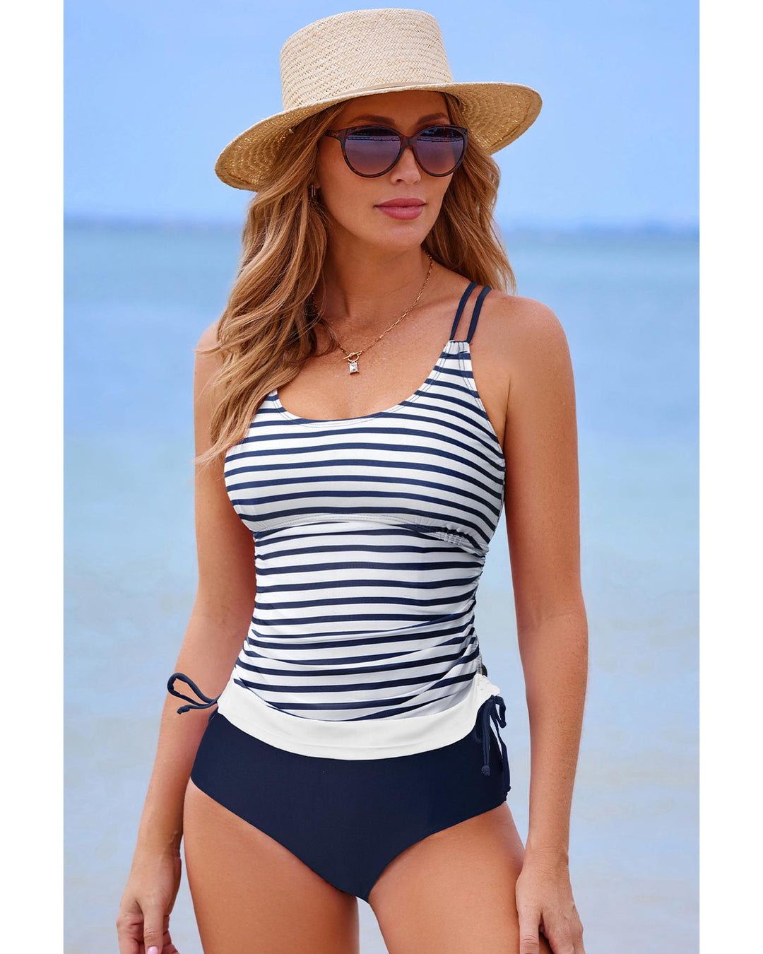 Blue Stripe Drawstring Tummy Control Mix-and-match 2pcs Tankini Swimsuit - L
