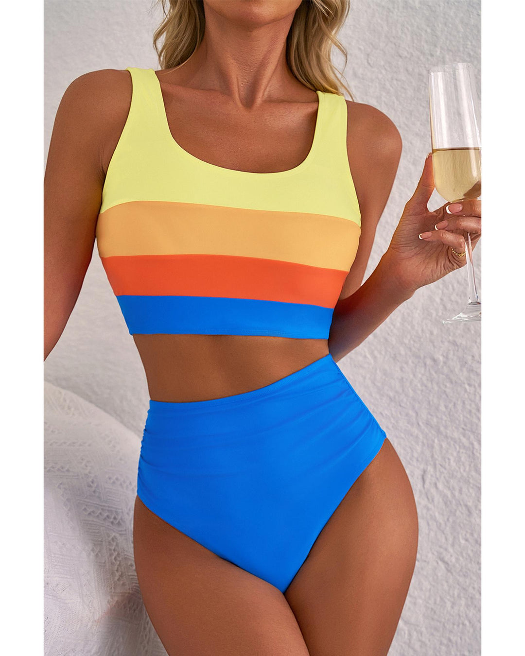 Blue Colorblock Square Neck Top Pleated High Waisted Bikini - S