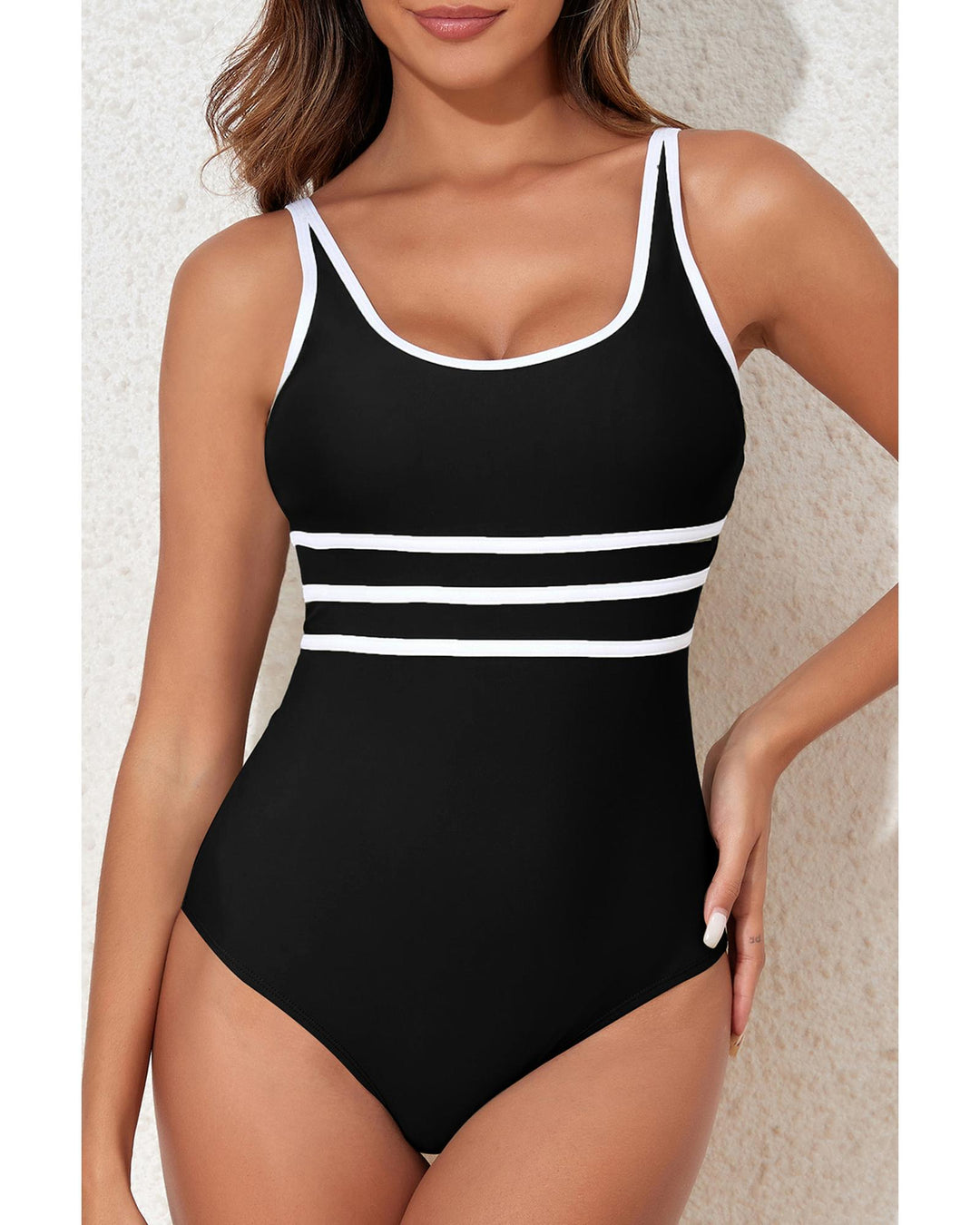 Black Contrast Trim Colorblock U Neck One Piece Swimwear - 2XL