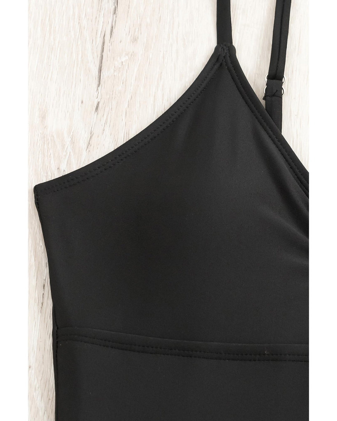 Black Spaghetti Straps Metal V Decor One-Piece Swimsuit - S