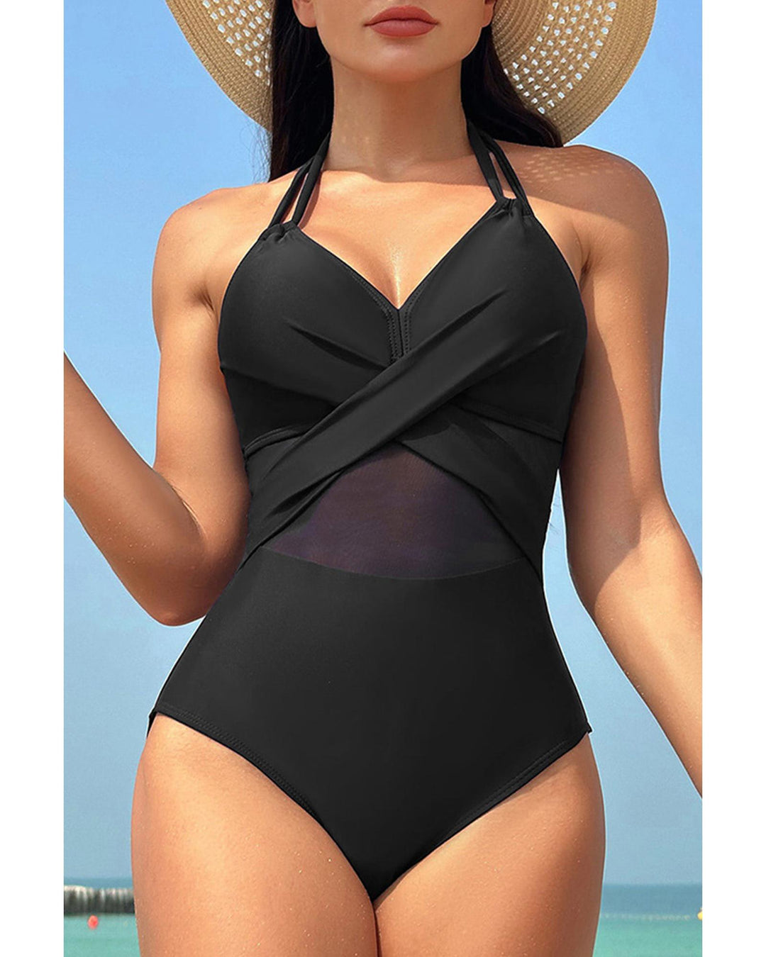 Black Halter Mesh Insert Cross Front One-Piece Swimsuit - S