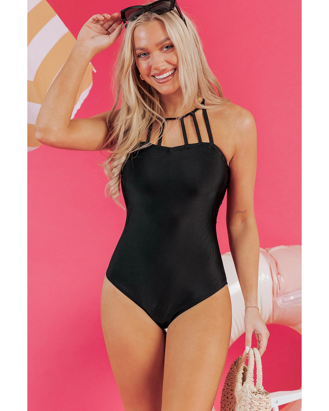 Black Sleeveless Strappy Halter Neck Sexy One Piece Swimsuit - M