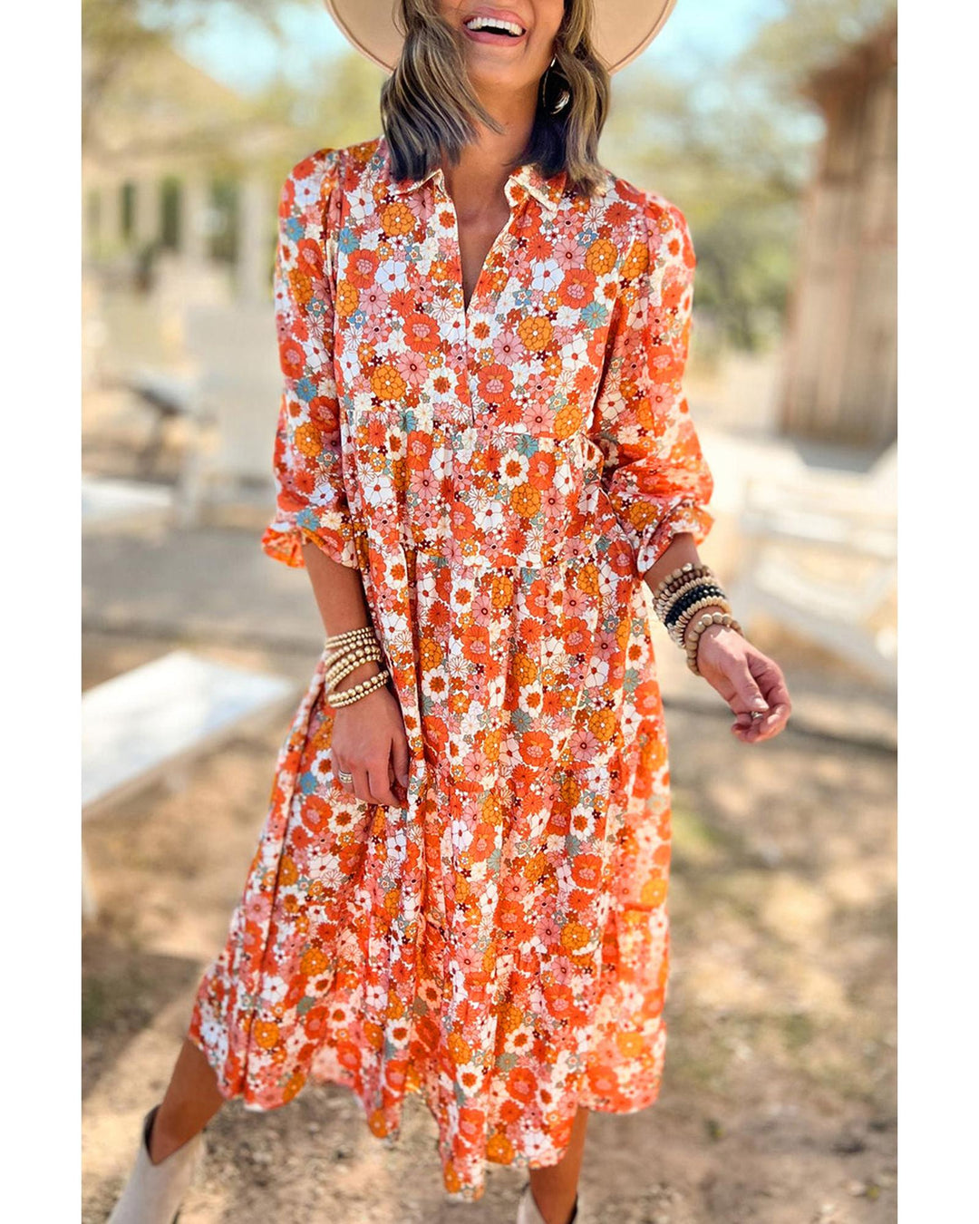 Azura Exchange Multicolor Boho Floral Collared Long Sleeve Ruffled Dress - M