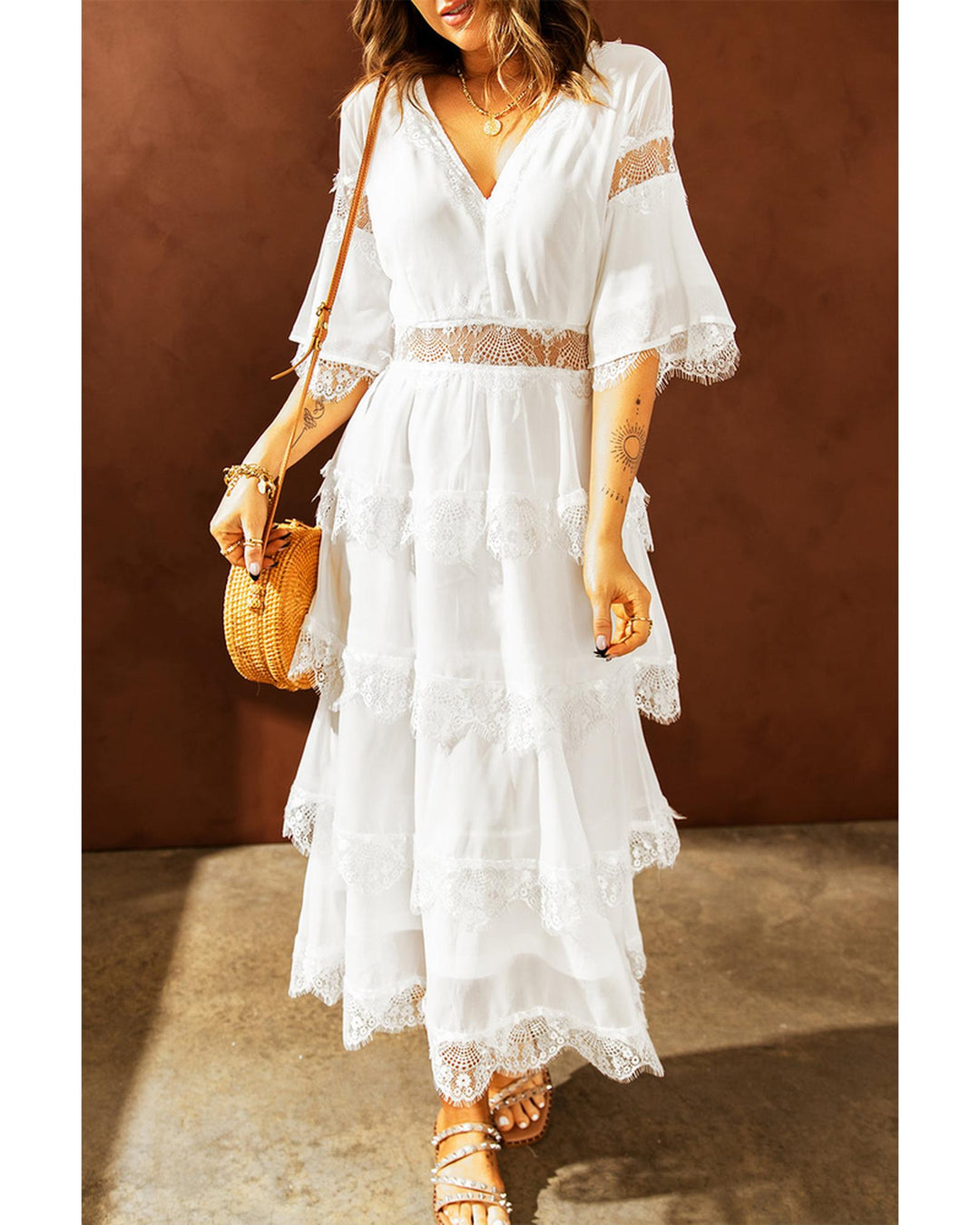 Azura Exchange Swiss Dot Print Lace Patch Layered Long Dress - M