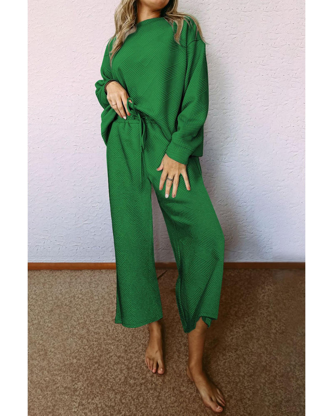 Dark Green Ultra Loose Textured 2pcs Slouchy Outfit - M