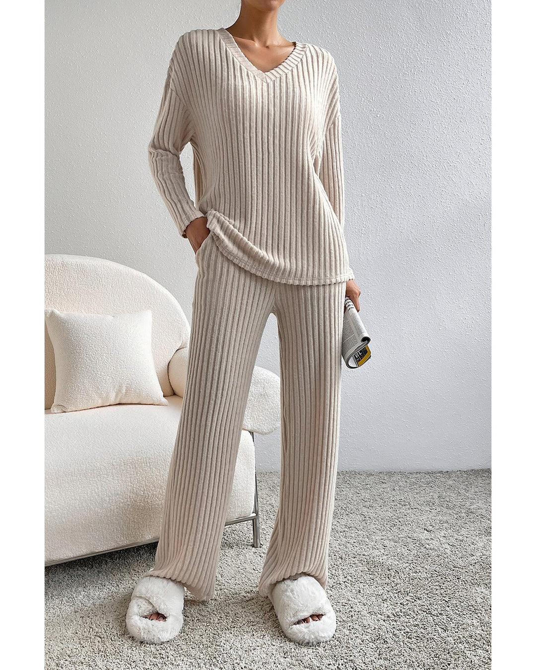 Khaki Ribbed Knit V Neck Slouchy Two-piece Outfit - S