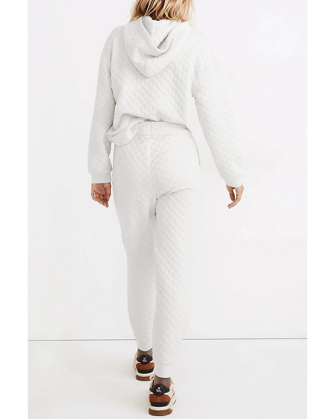 White Quilted Hoodie and Sweatpants Two Piece Set - M