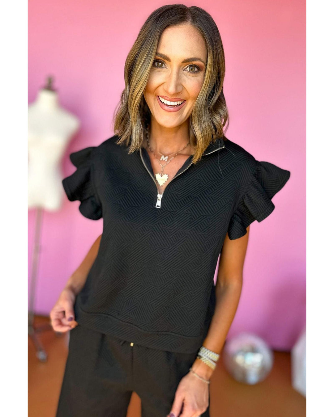 Black Textured Flutter Sleeve Top Wide Leg Pants Set - L