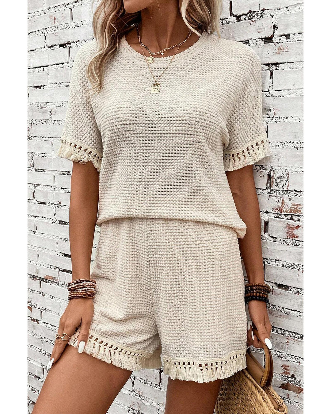 Beige Fringe Trim Textured Short Two Piece Set - XL