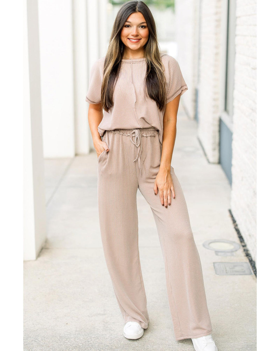 Parchment Exposed Seam Ribbed Tee and Pants Two-piece Outfit - M