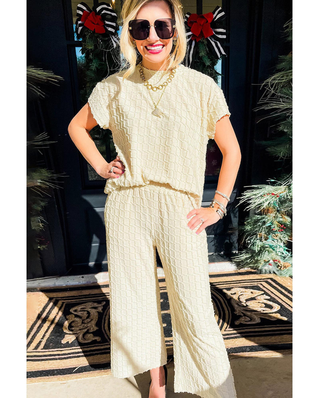 Apricot Metallic Lattice Textured Casual Two Piece Set - M