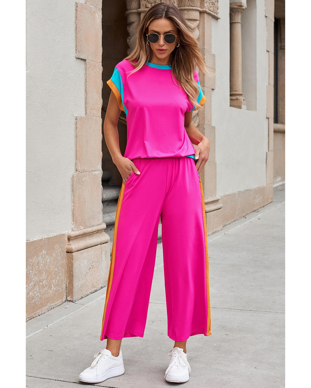 Strawberry Pink Color Block Detail Casual Two-piece Set - 2XL