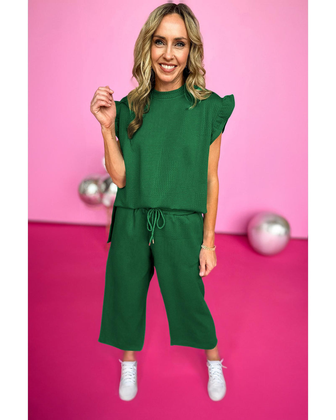 Dark Green Ruffled Sleeve Summer Top and Cropped Loose Pants Set - L