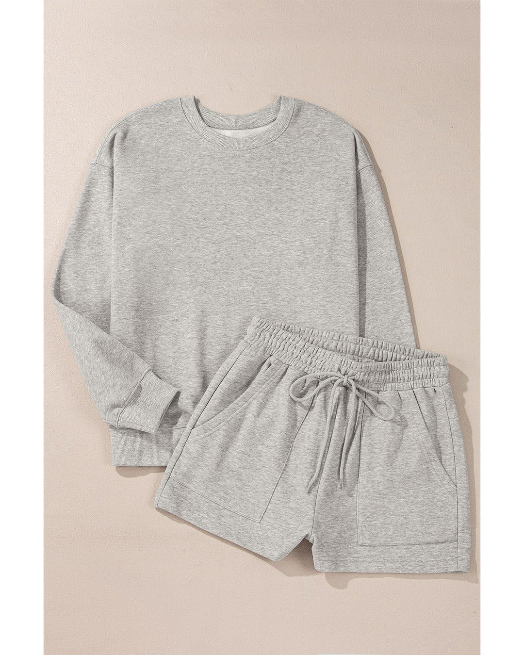 Light Grey Solid Pullover Sweatshirt and Shorts 2 Piece Set - M