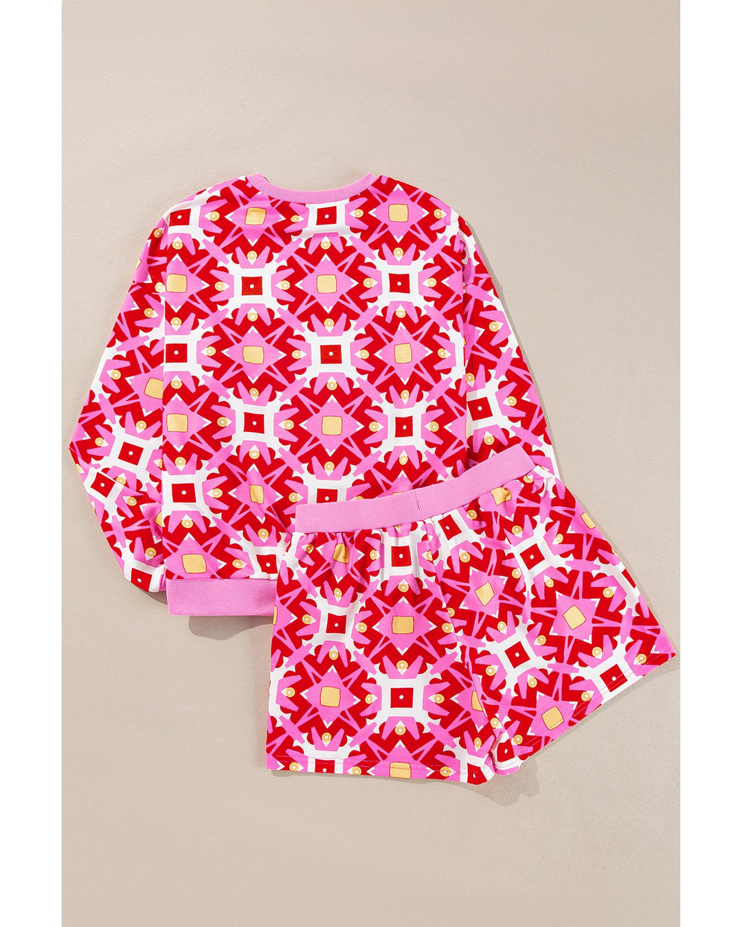 Sachet Pink Geometric Print Long Sleeve Top and Drawstring Shorts Set - M