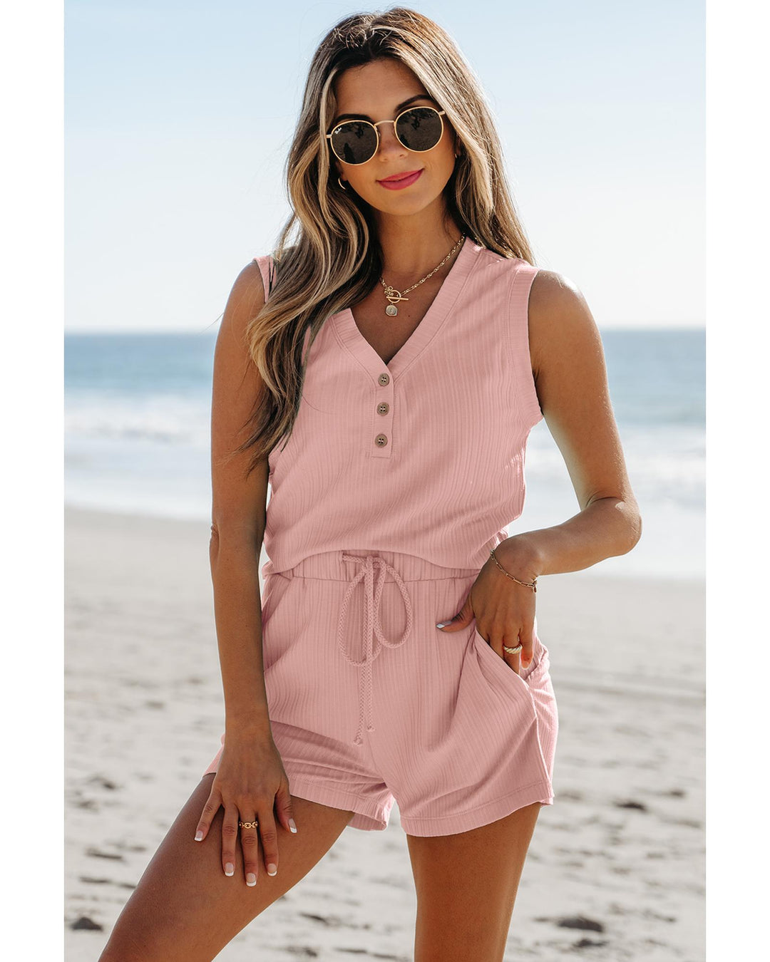 Gossamer Pink Ribbed Button V Neck Tank Top and Shorts Set - L