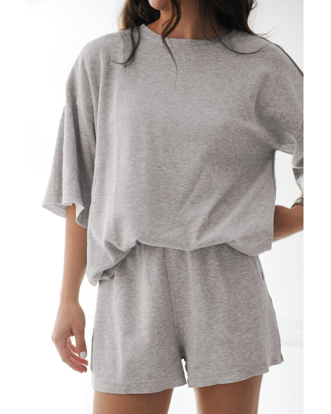 Gray Solid Color Loose Tee 2 Piece Shorts Set - L