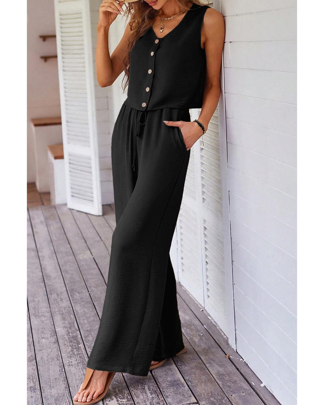 Black Buttoned Vest Drawstring Wide Leg Pants 2pcs Set - XL