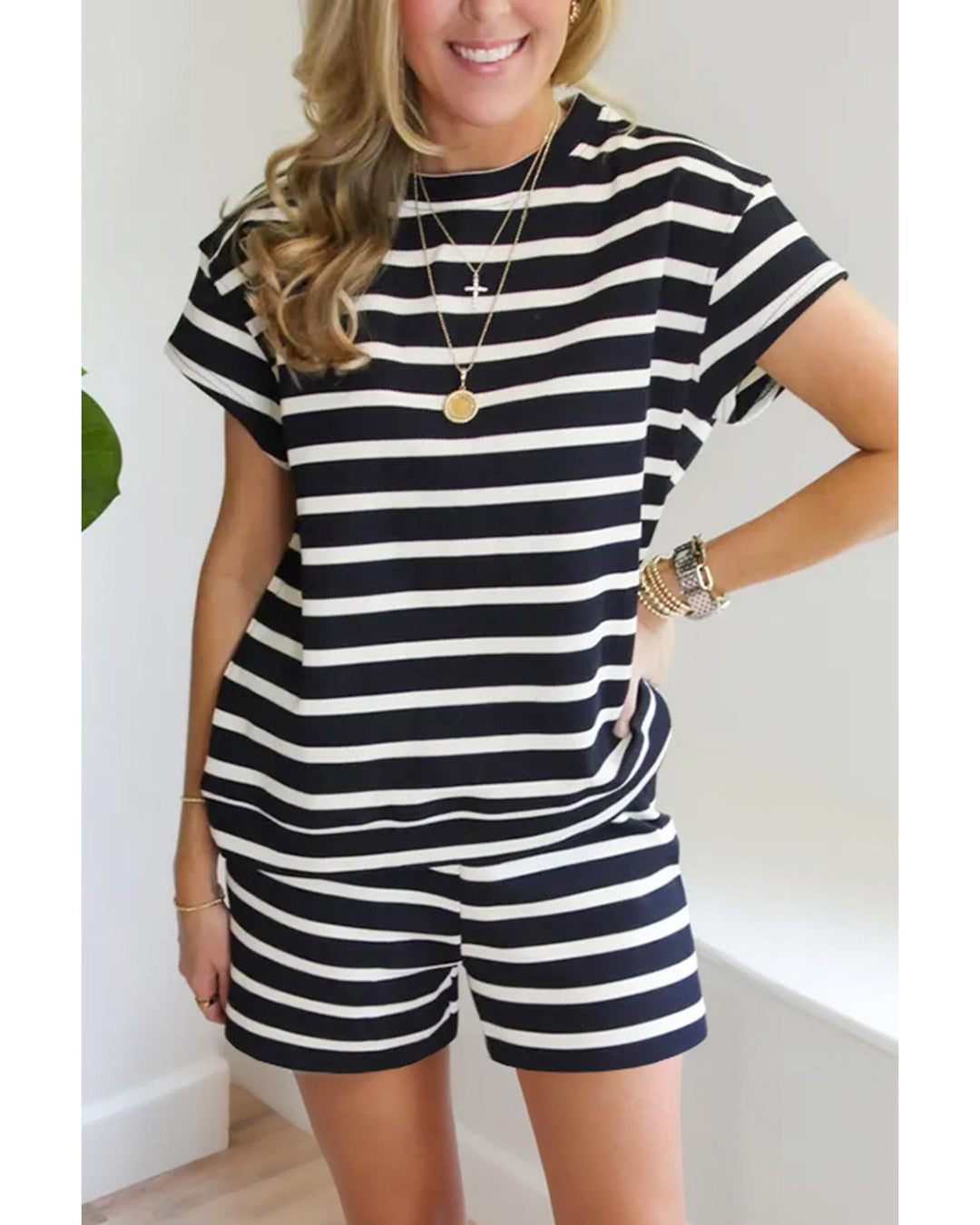 Black White Striped Short Sleeve Top and Shorts Set - M