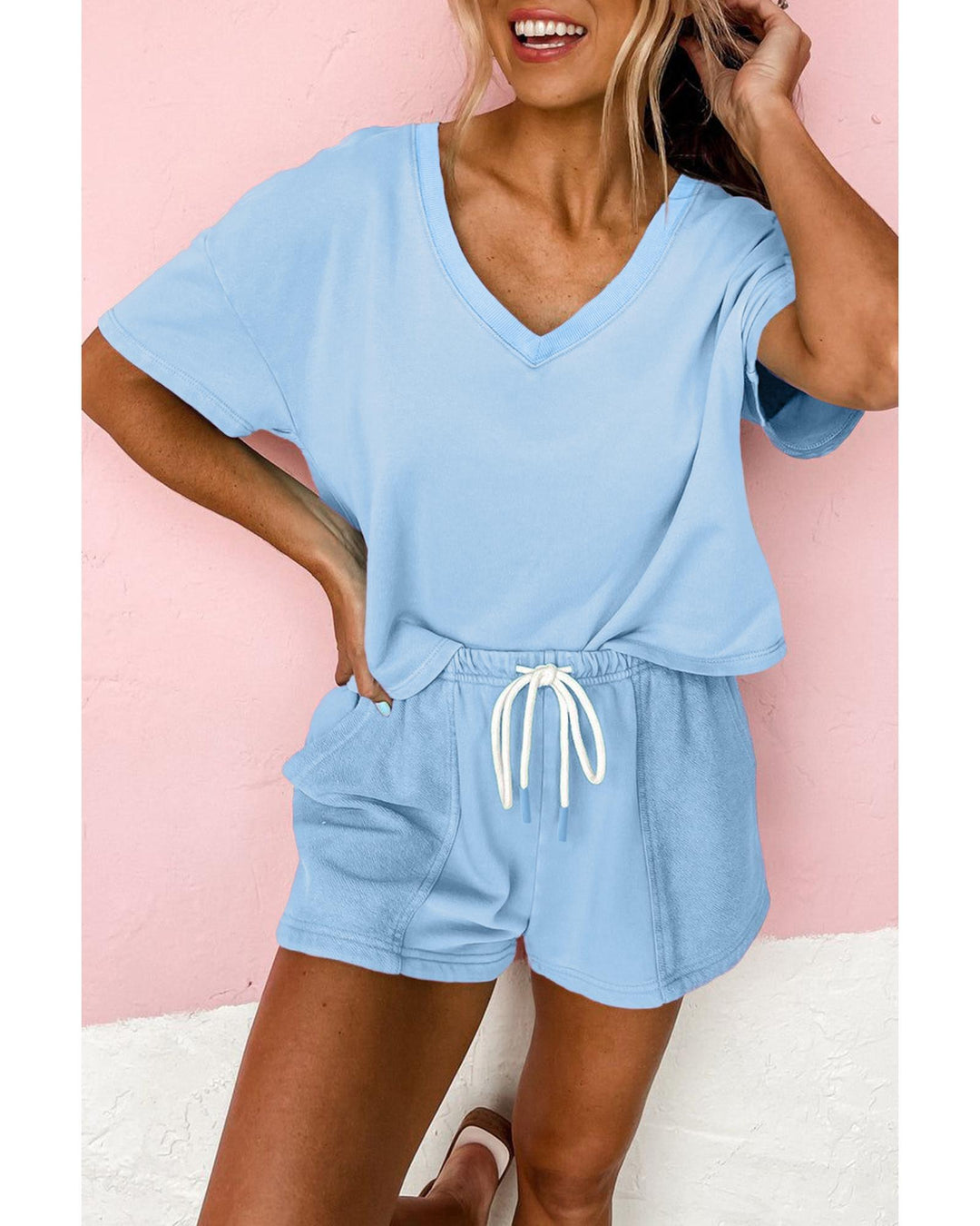 Myosotis V Neck Drop Shoulder Tee and Patchwork Drawstring Shorts Set - XL