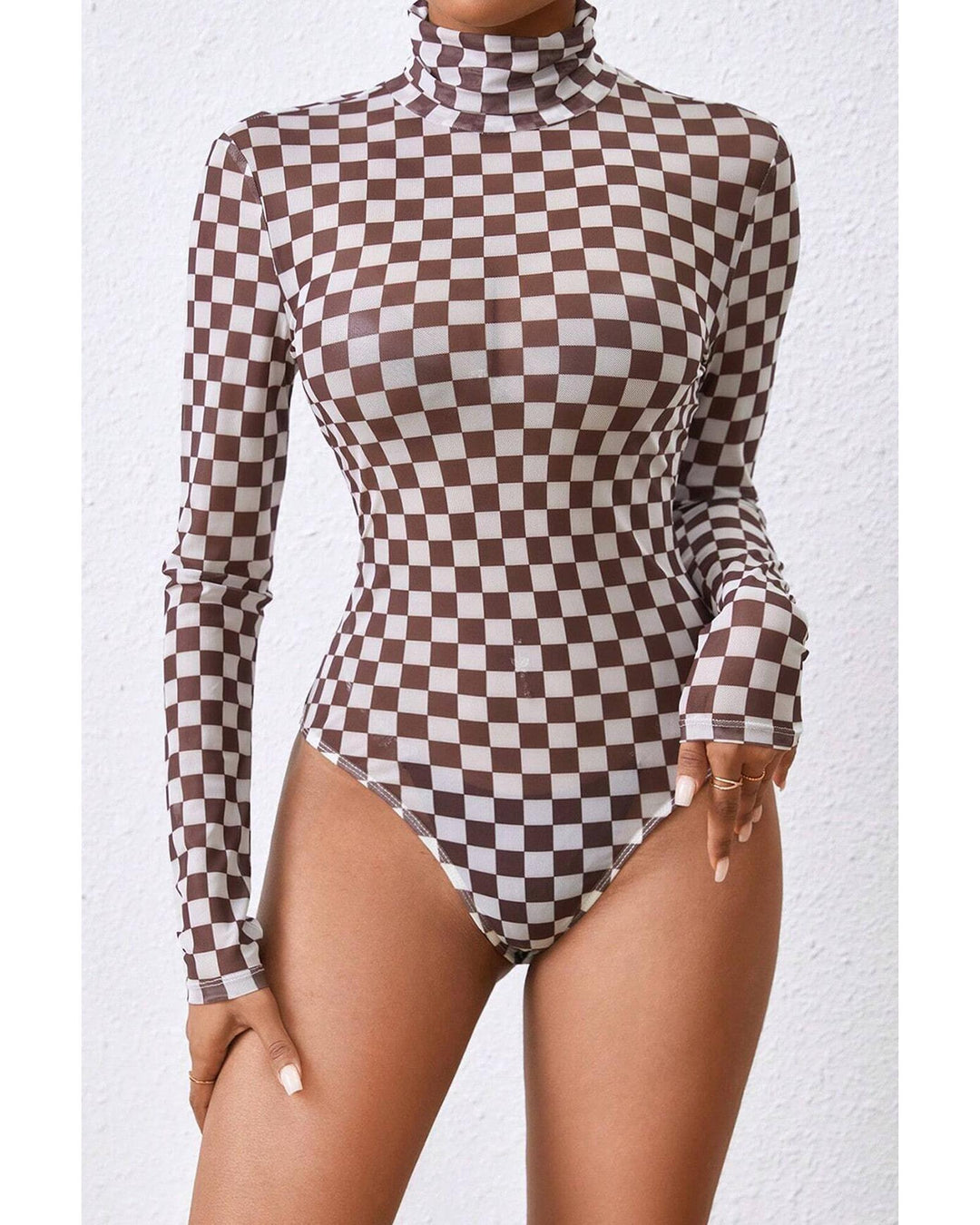 Brown Checkered Printed Long Sleeve High Neck Bodysuit - S