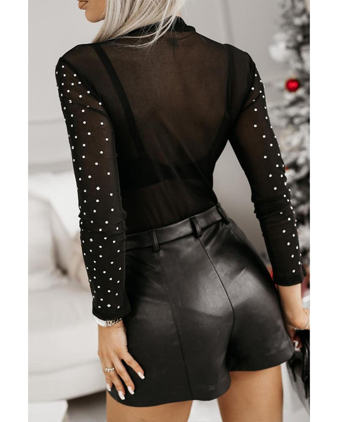 Black Rhinestone Sheer Mesh Long Sleeve Bodysuit - S