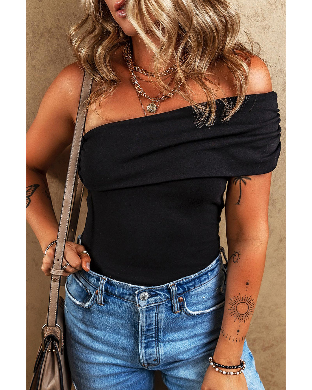 Black Solid Color Pleated One Shoulder Bodysuit - L