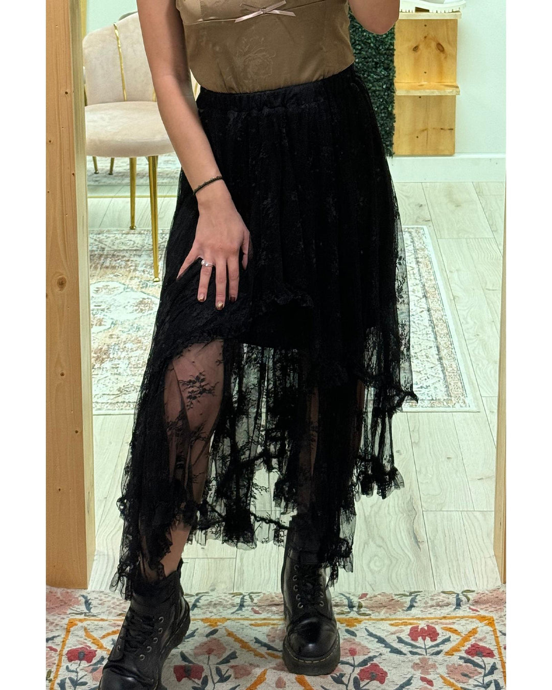 Black Lace Cascading Tiered High Waist Maxi Skirt - L
