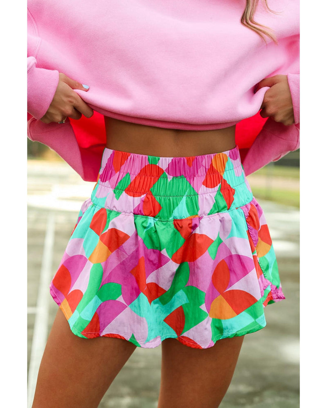 Green Abstract Print Smock Waist Casual Shorts - XL