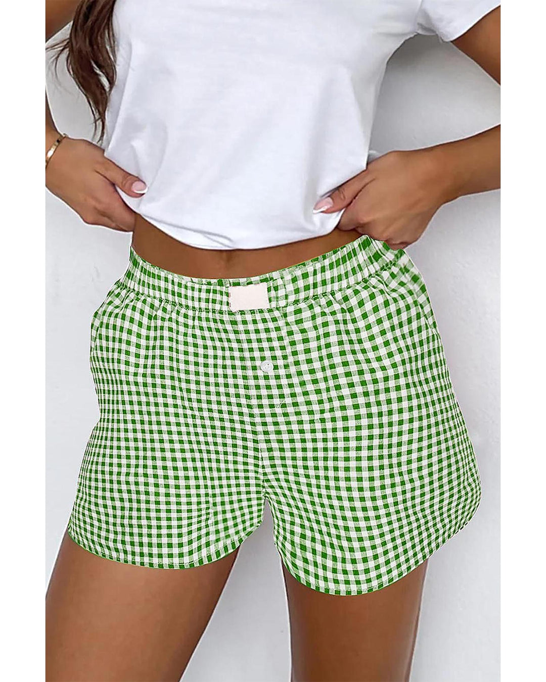 Fern Green Red Plaid Gingham Printed High Waist Shorts - S
