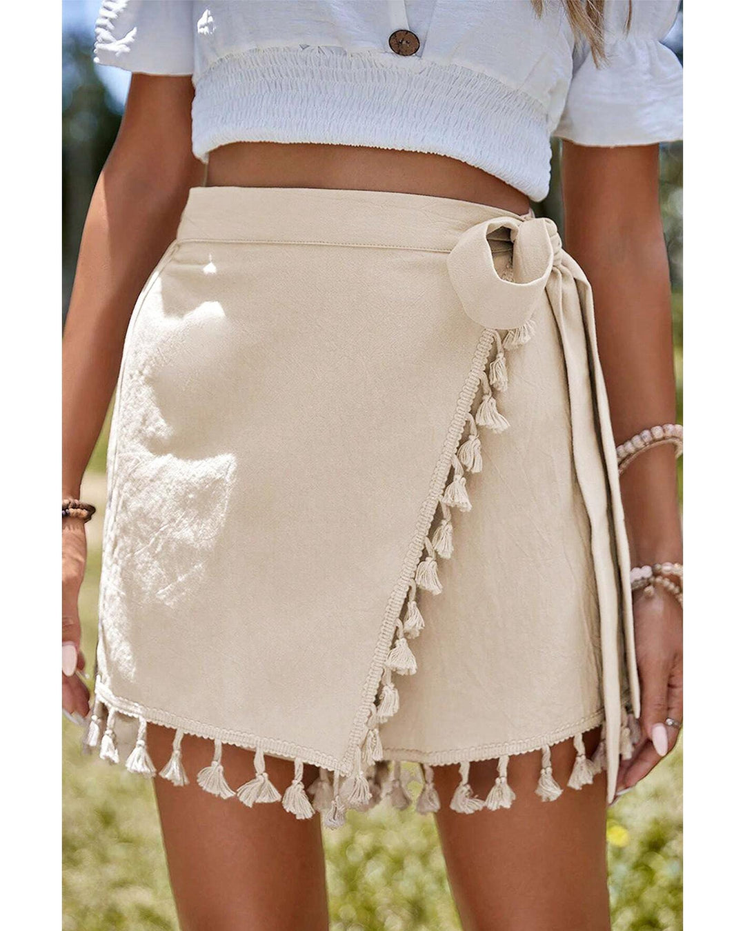 Apricot Tassel Trim Wrap Knot Side Bohemian Style Mini Skort - M