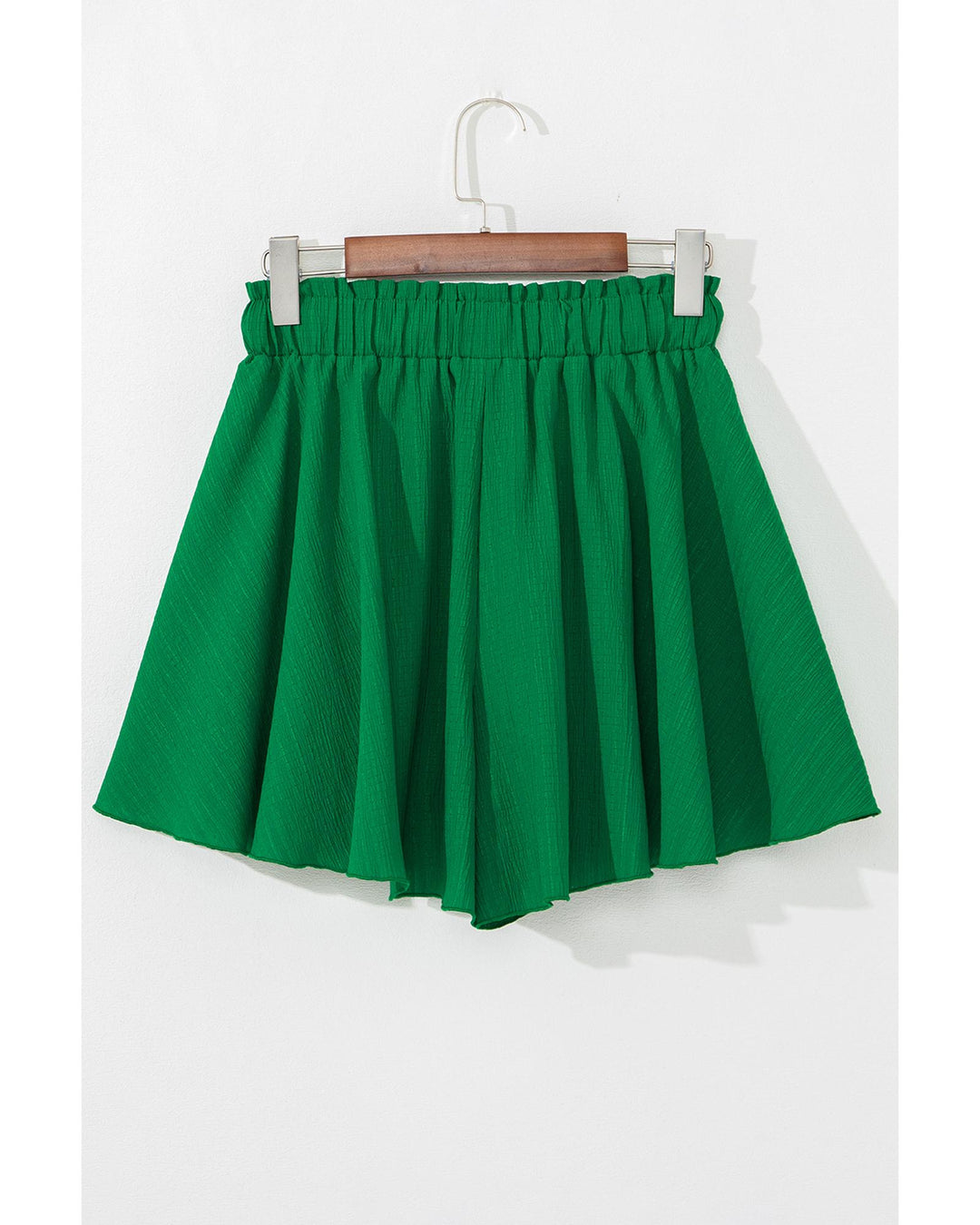 Dark Green Textured Frilled Lace-up High Waist Ruffle Wide Leg Shorts - L