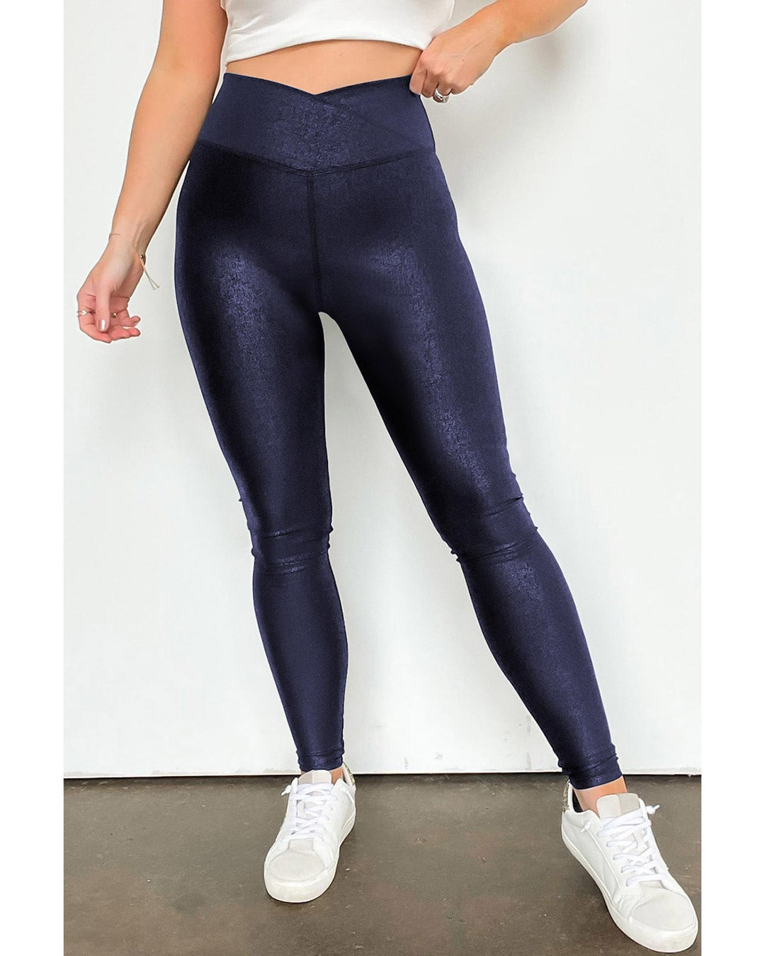 Navy Blue Crossed Dip Waist Sleek Leather Leggings - M