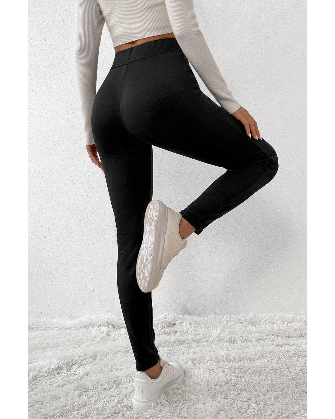 Black Crossed Waist Seamed Leg Thermal Leggings - M