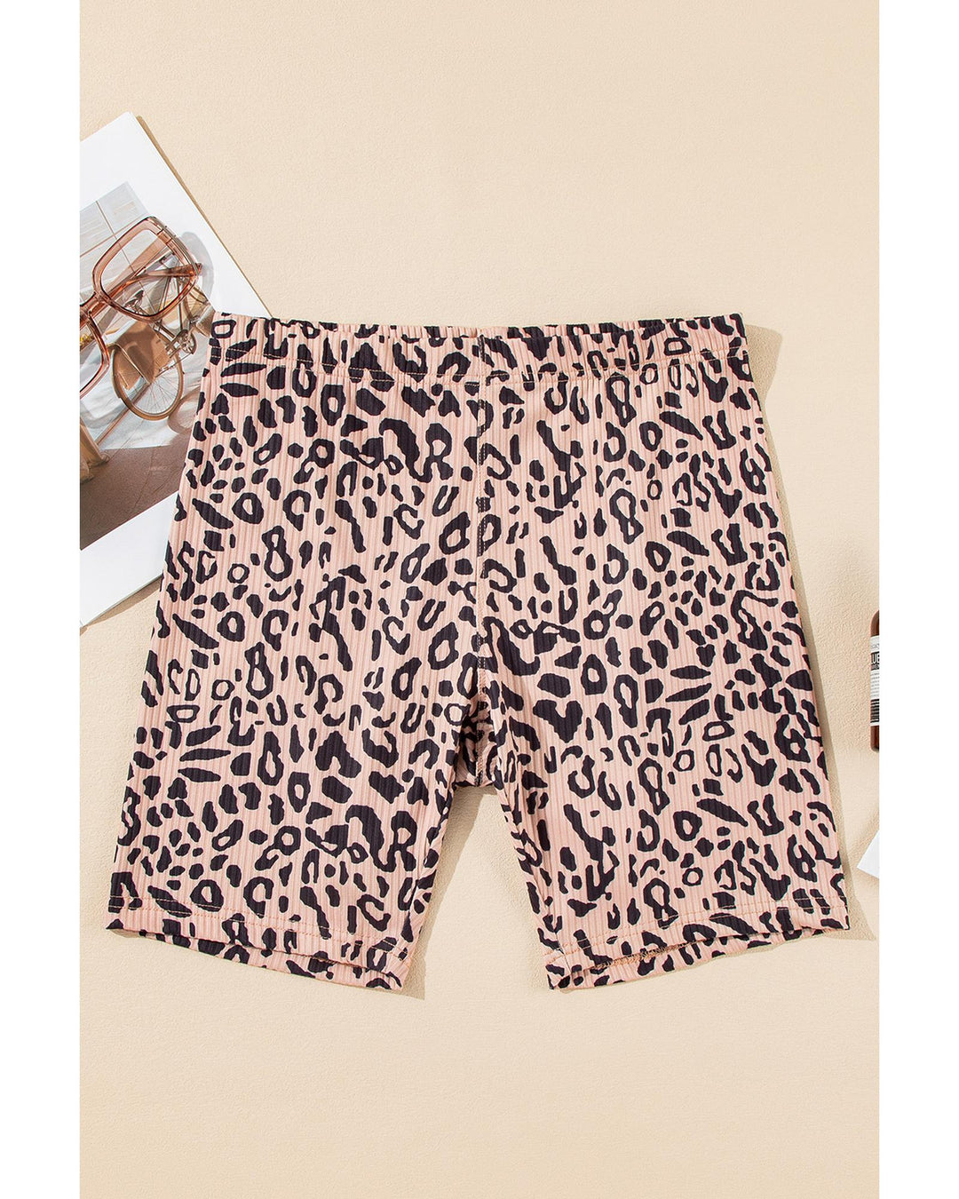 Khaki Leopard Print Ribbed Textured Knit Biker Shorts - XL