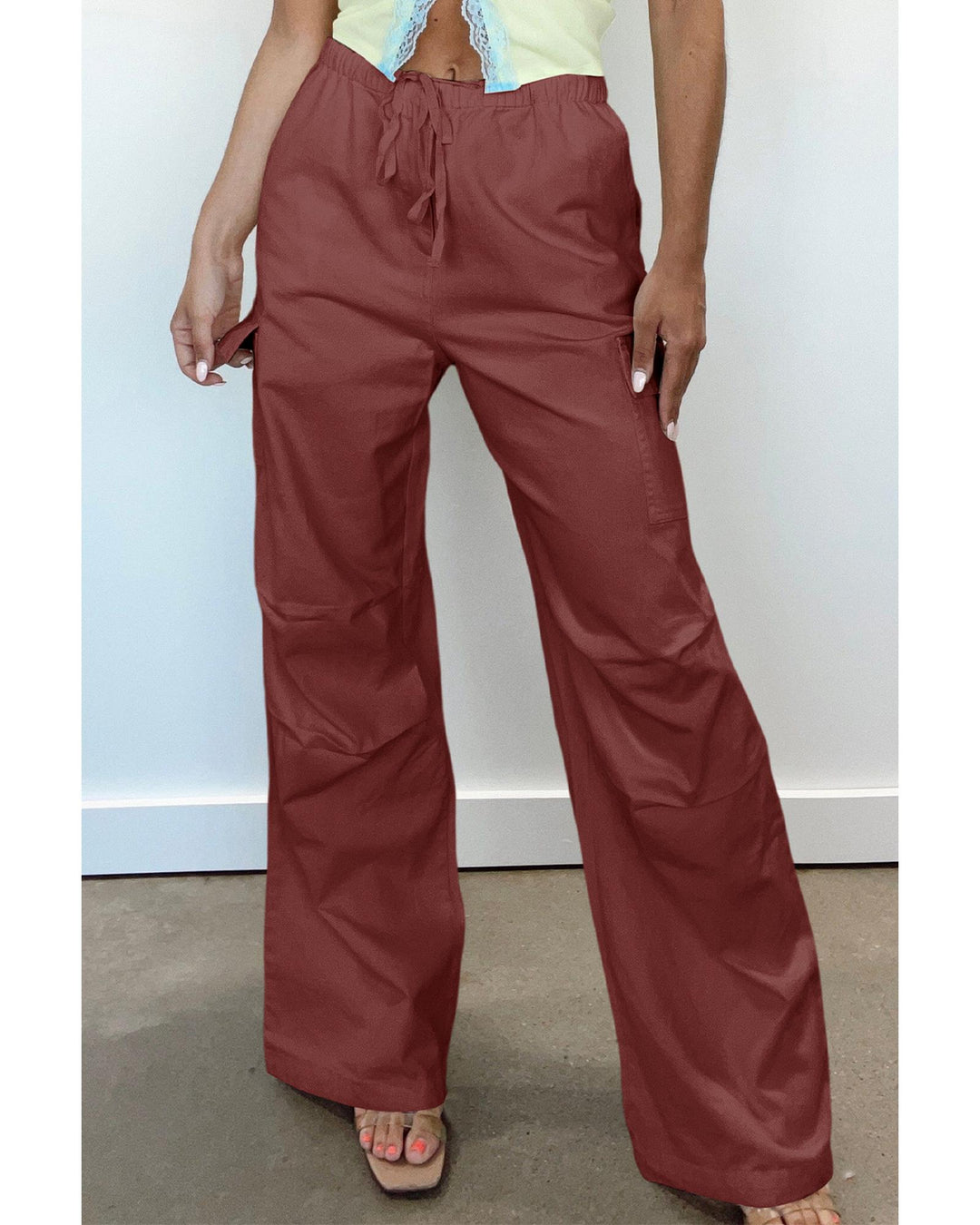 Mineral Red Solid Color Drawstring Waist Wide Leg Cargo Pants - L