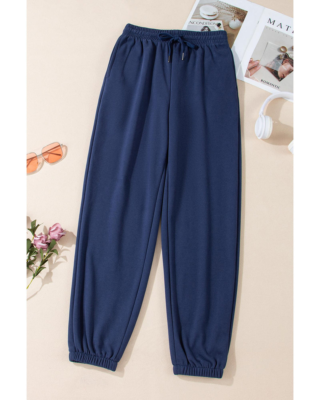 Navy Blue Solid Color Fleece Lined Drawstring Waist Joggers - L