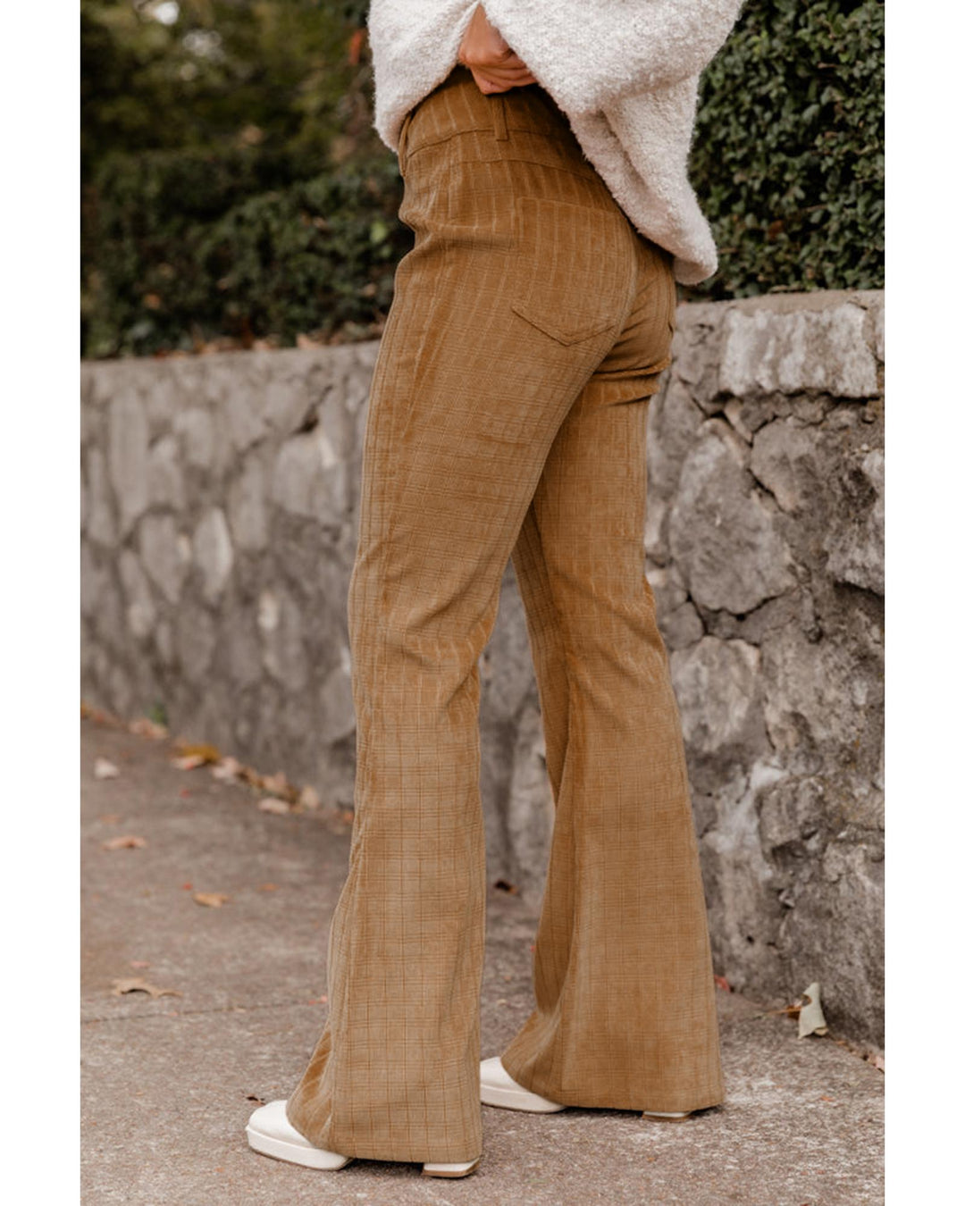 Grapefruit Orange Checkered Corduroy Flare High Waist Pants - M