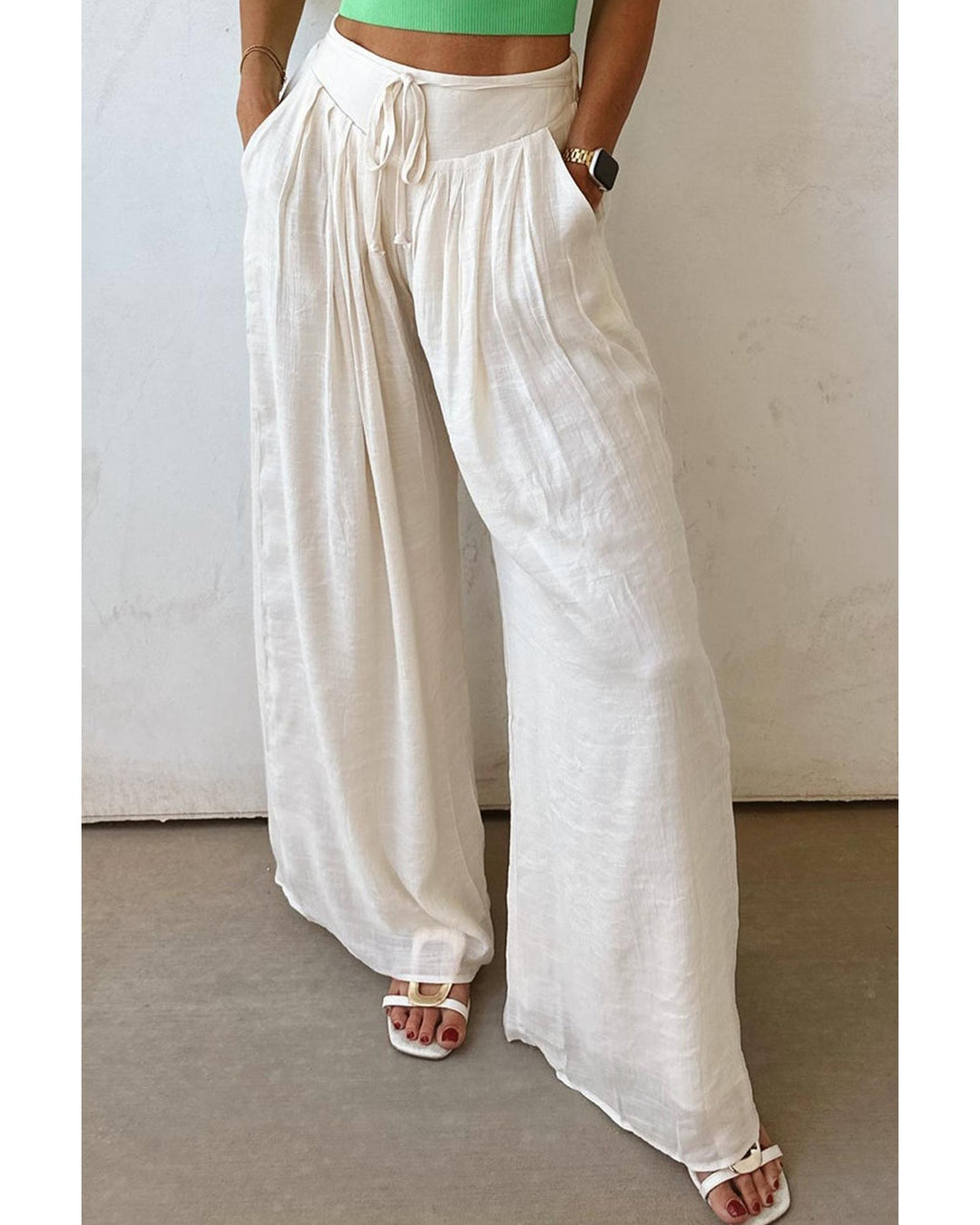 White Casual Tie Waist Pleated Wide Leg Pants - XL