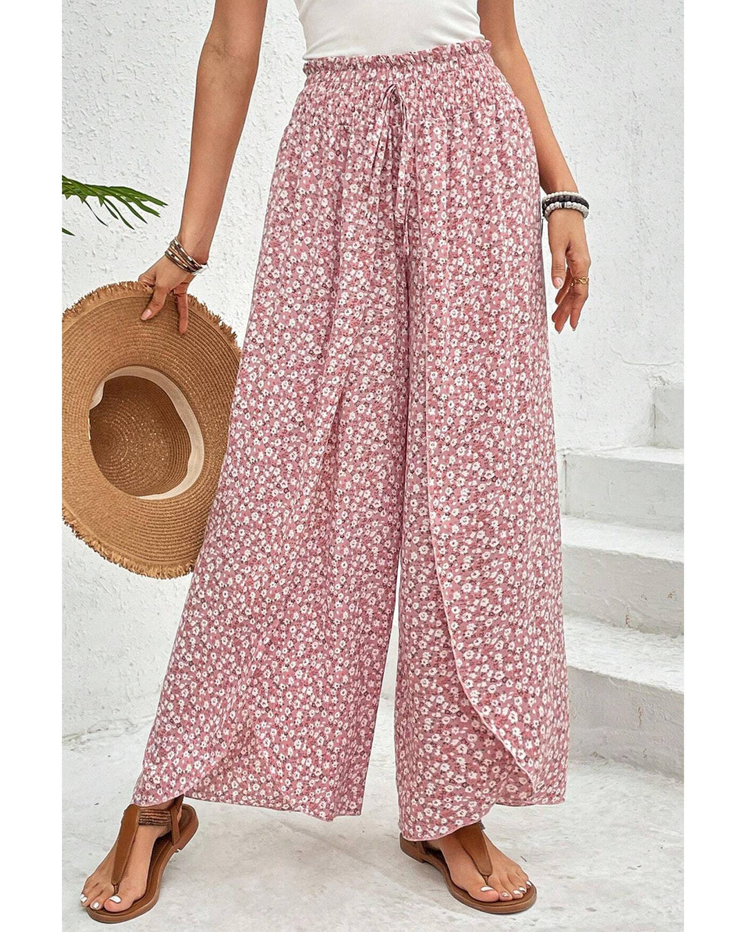 Pink Bohemian Print Slit Wide Leg Smocked High Waist Pants - L