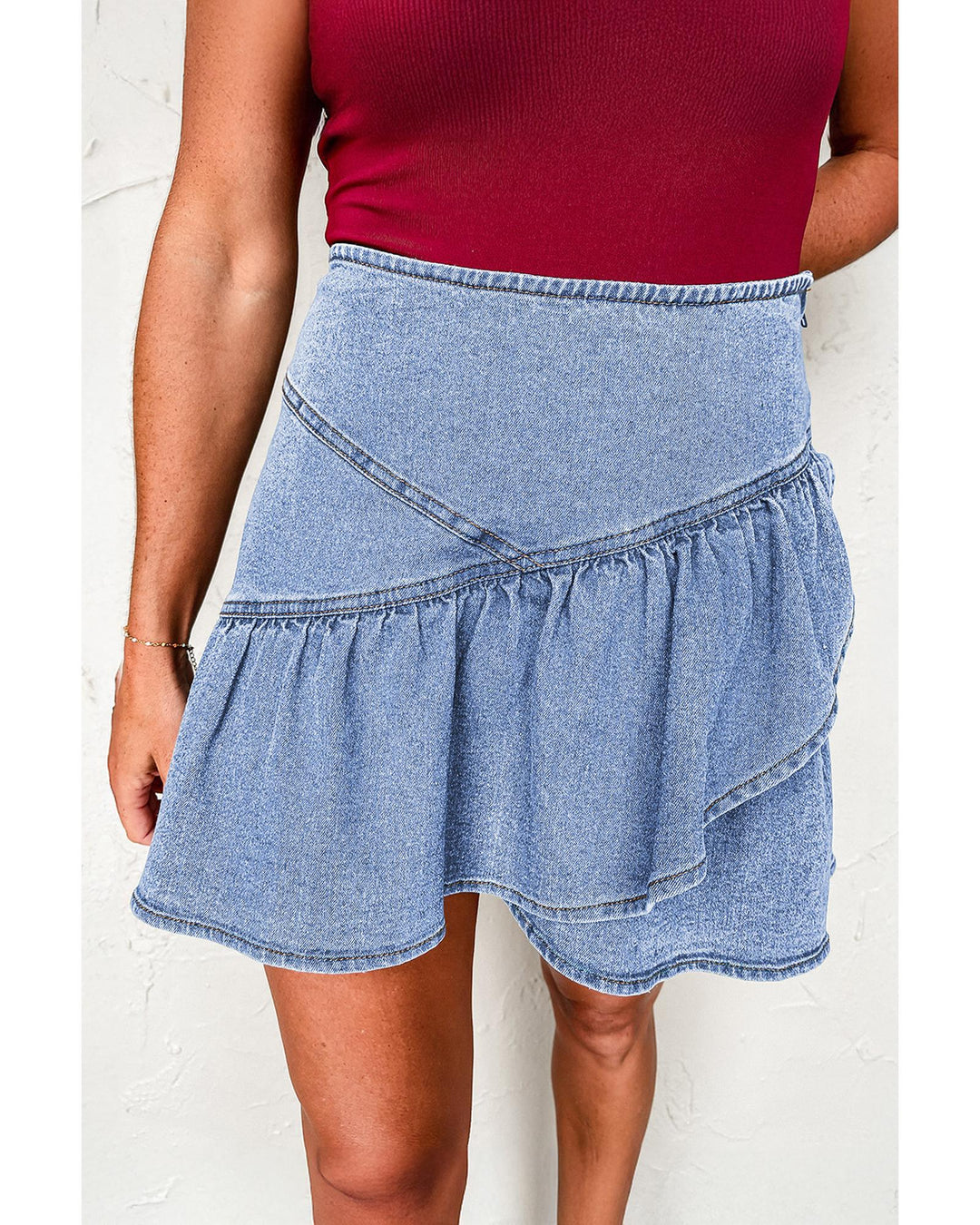 Beau Blue Asymmetric Ruffle Overlay Denim Mini Skirt - M