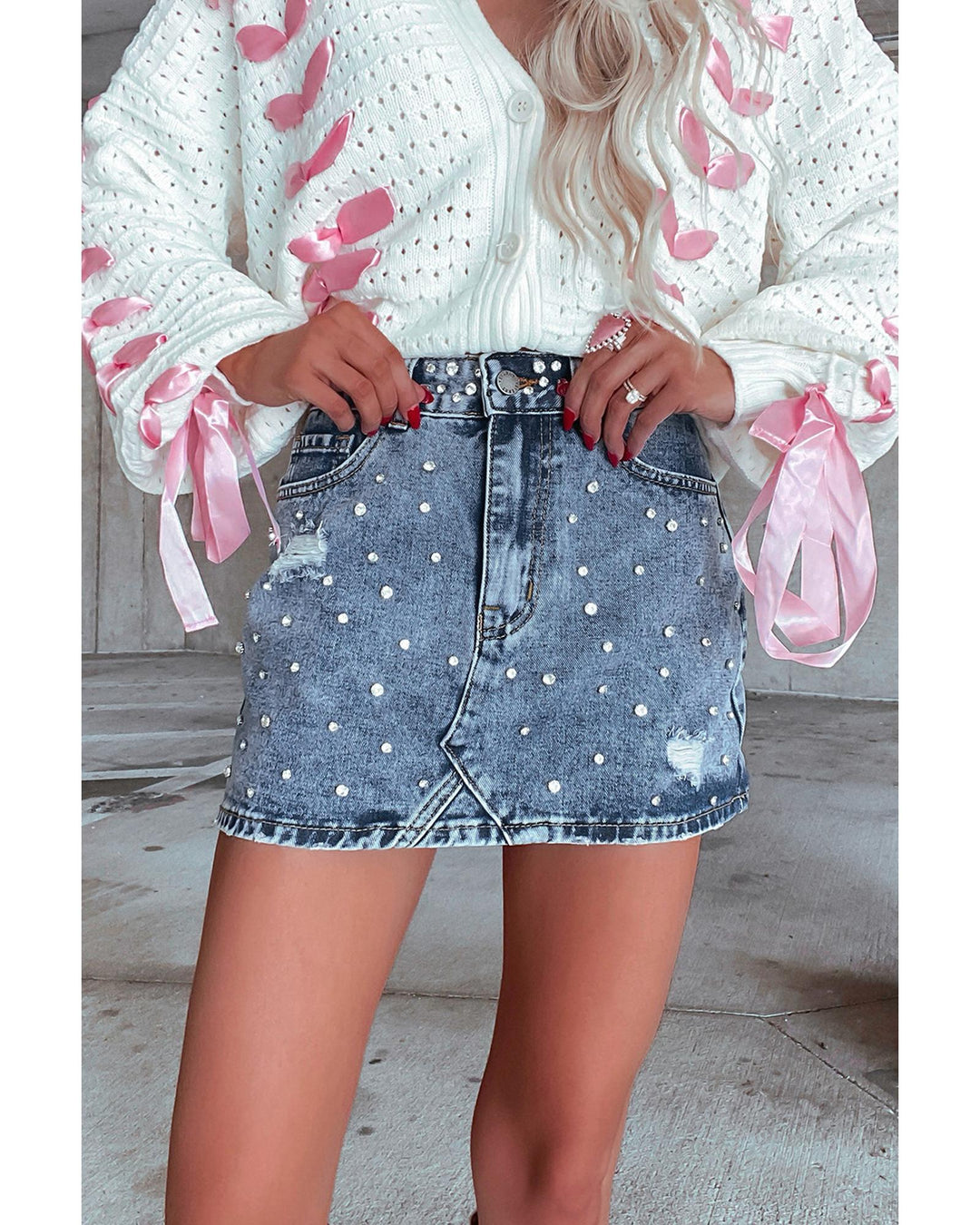 Dusk Blue Rhinestone Distressed Denim High Waist Mini Skirt - XL