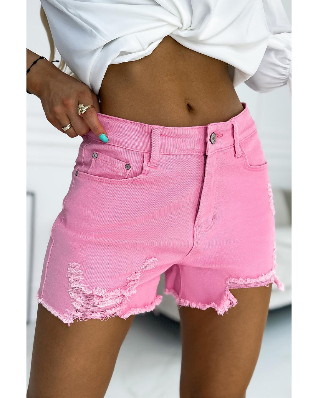 Rose Solid Color Distressed Denim Shorts - 12 US