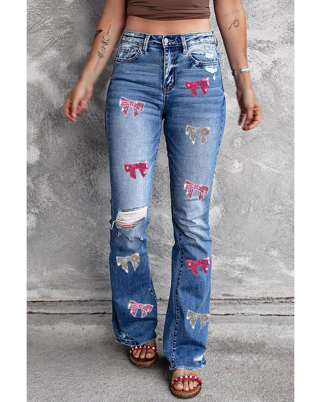 Blue Sequin Bowknot Print Distressed Flared Jeans - 16 US