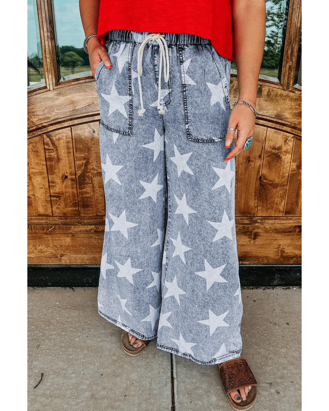 Light Blue Star Print Light Wash Drawstring High Waist Wide Leg Jeans - 6 US
