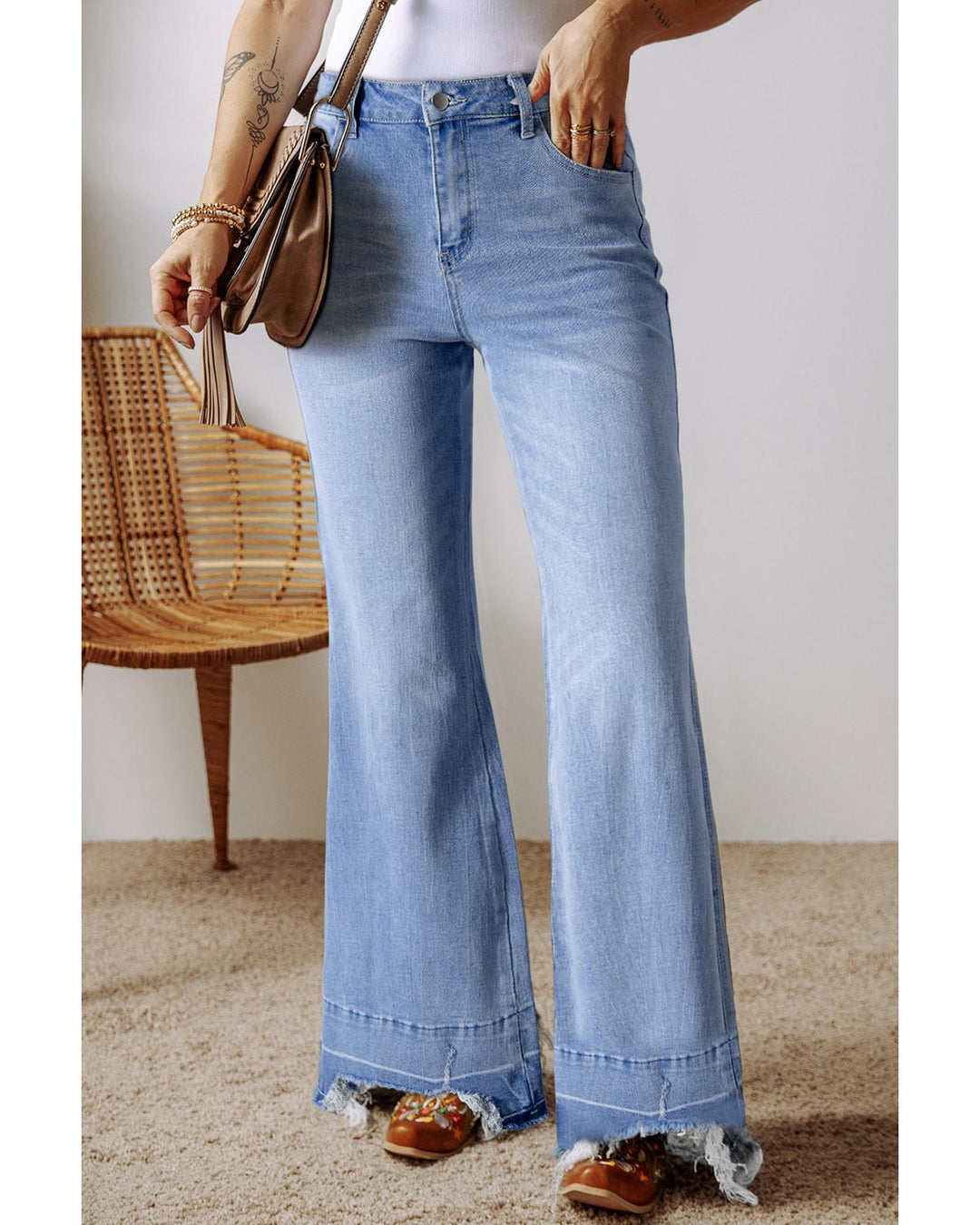 Ashleigh Blue Acid Wash Raw Hem High Waist Flared Jeans - 10 US
