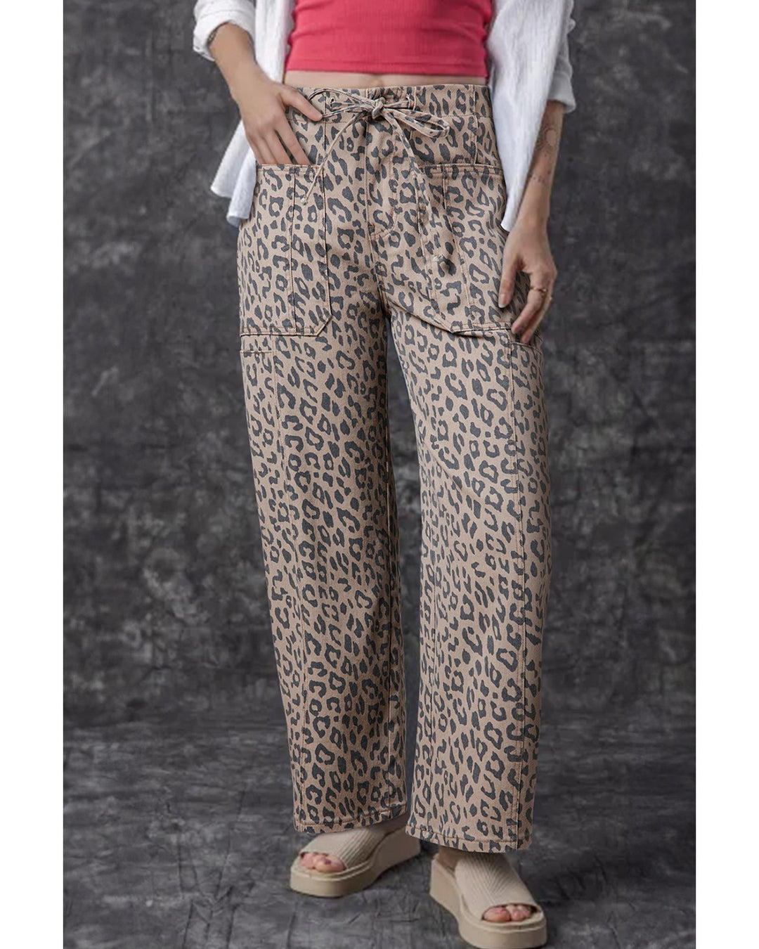 Azura Exchange Khaki Leopard Printed Drawstring Waist Pocketed Wide Leg Jeans - 8 US